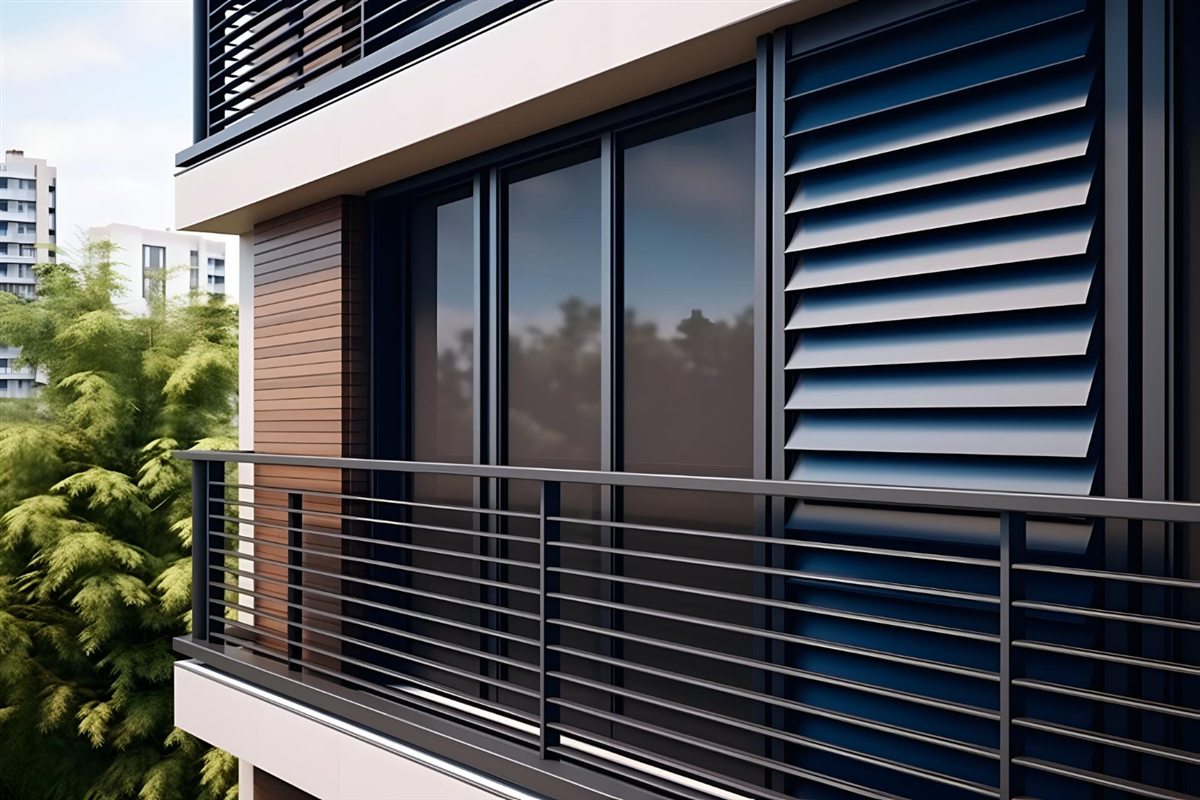Dark horizontal louvres beside glazing on a modern residential facade